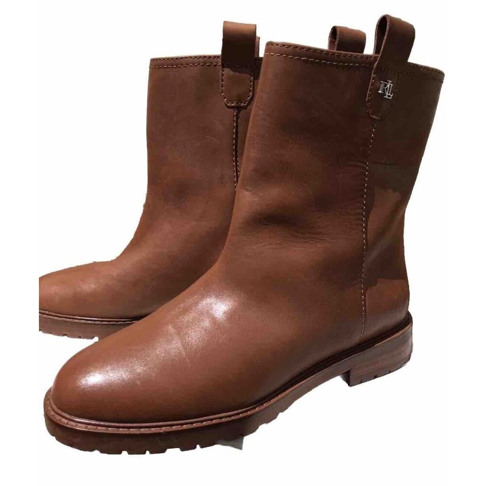 Ralph Lauren Evelynn Brown Short Slip On Logo Leather Boots Women's 8 39